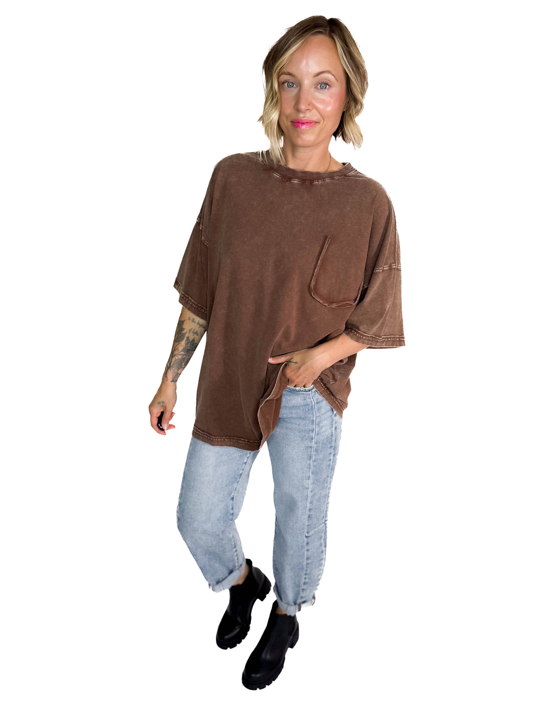 Brandi Mineral Wash Tunic Tee- BROWN