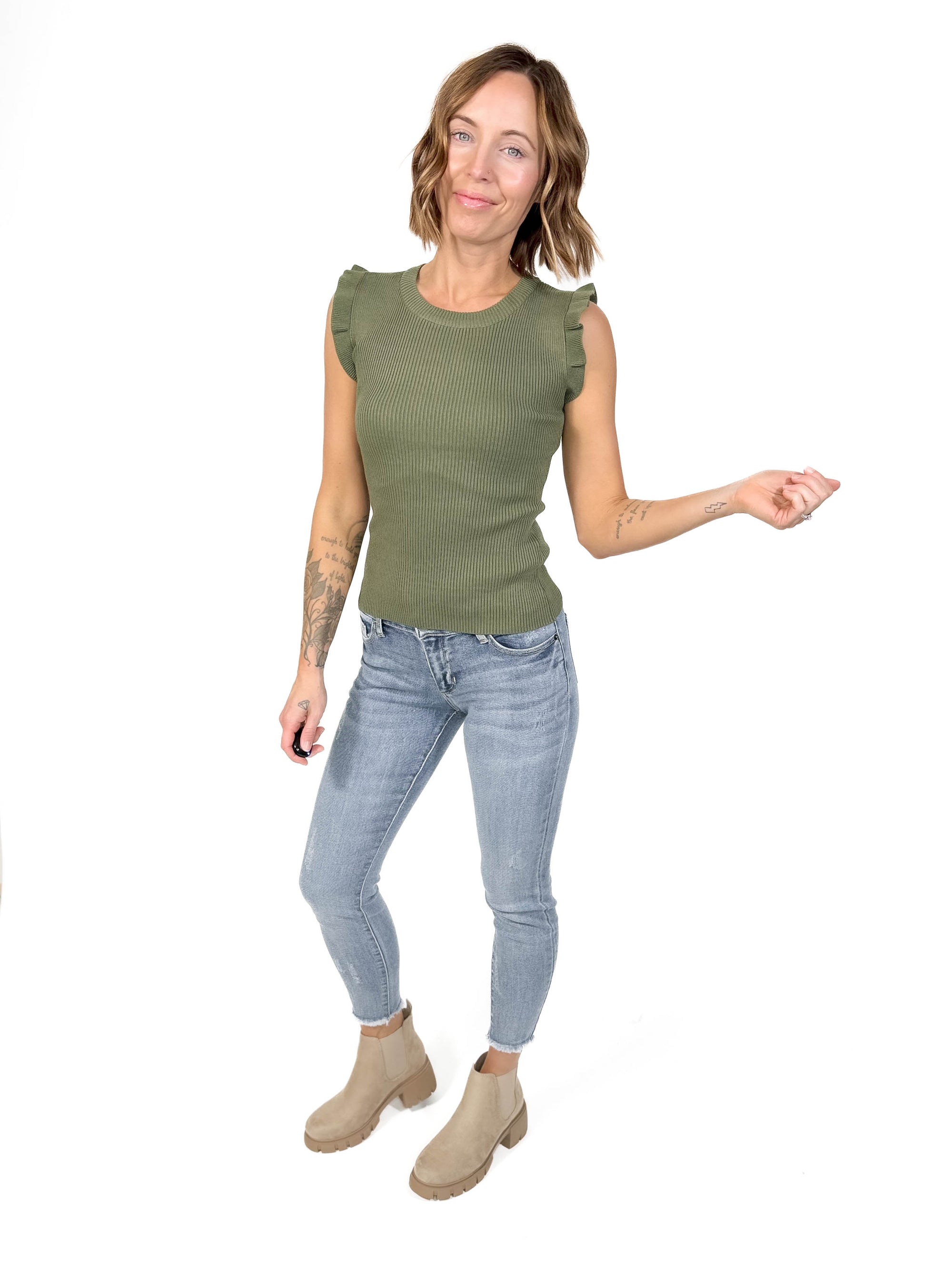 Christa Ruffle Sleeve Top- LT OLIVE-FINAL SALE