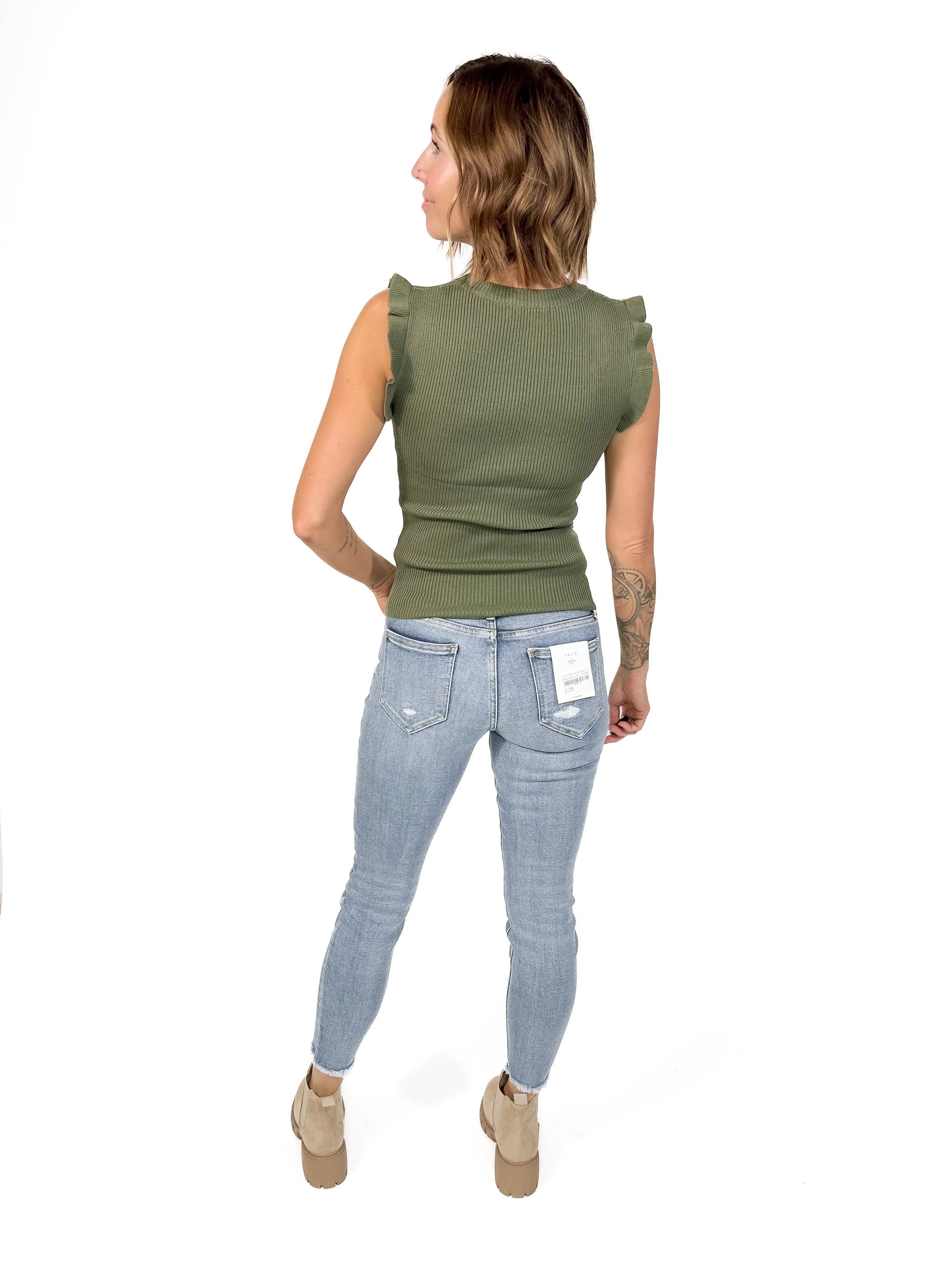 Christa Ruffle Sleeve Top- LT OLIVE-FINAL SALE