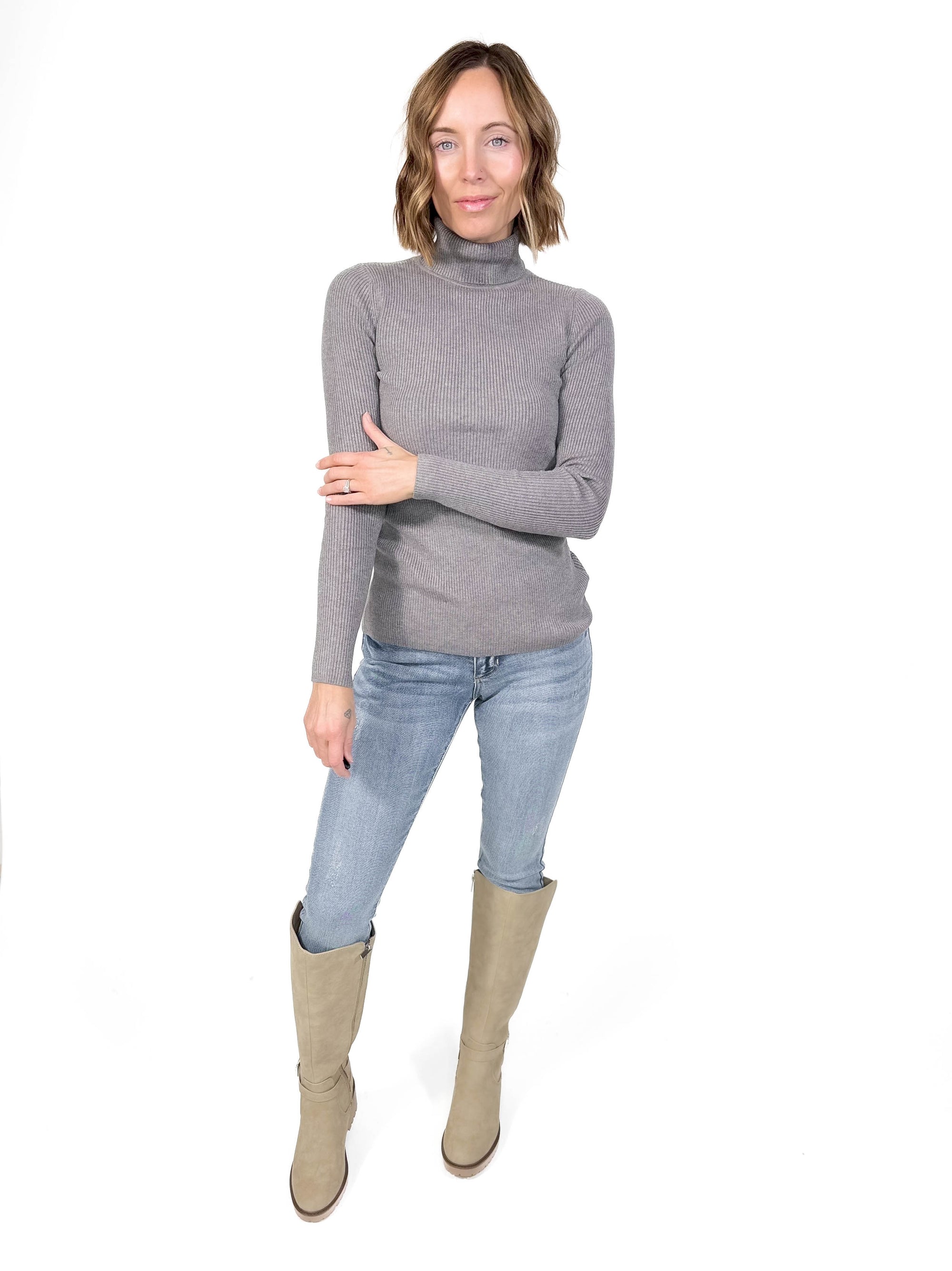 Kalean Essential Ribbed Turtleneck-HTHR GREY -FINAL SALE