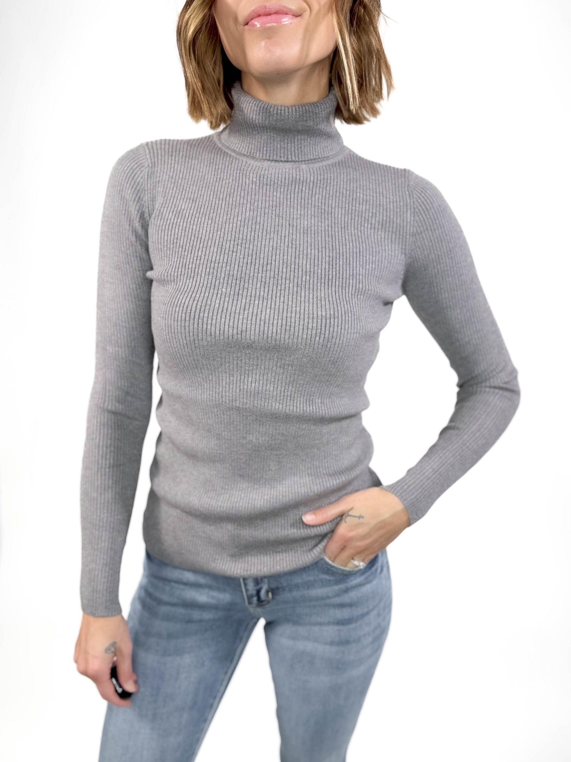 Kalean Essential Ribbed Turtleneck-HTHR GREY -FINAL SALE