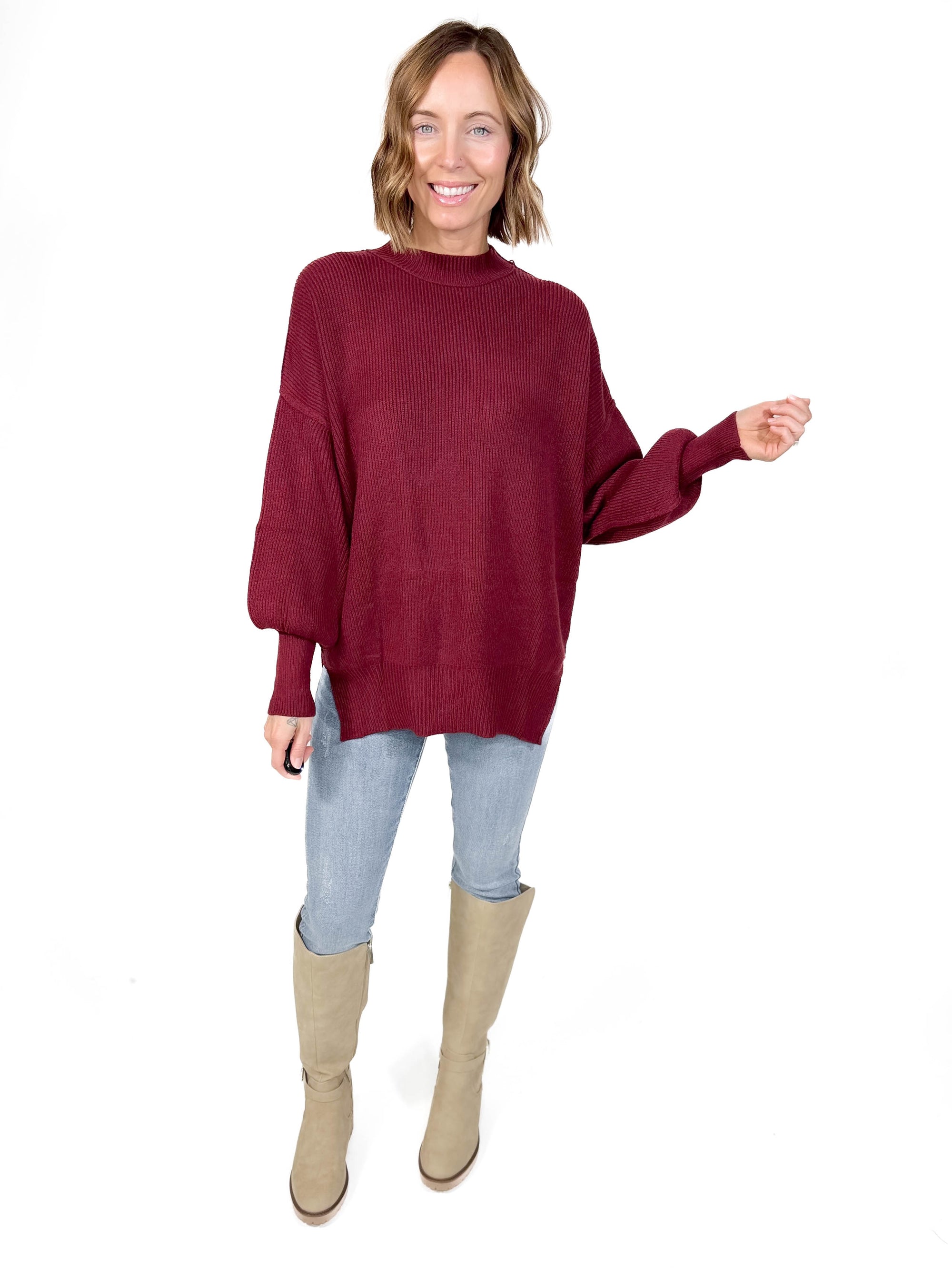 Oakes Mock Neck Sweater- MAROON -FINAL SALE