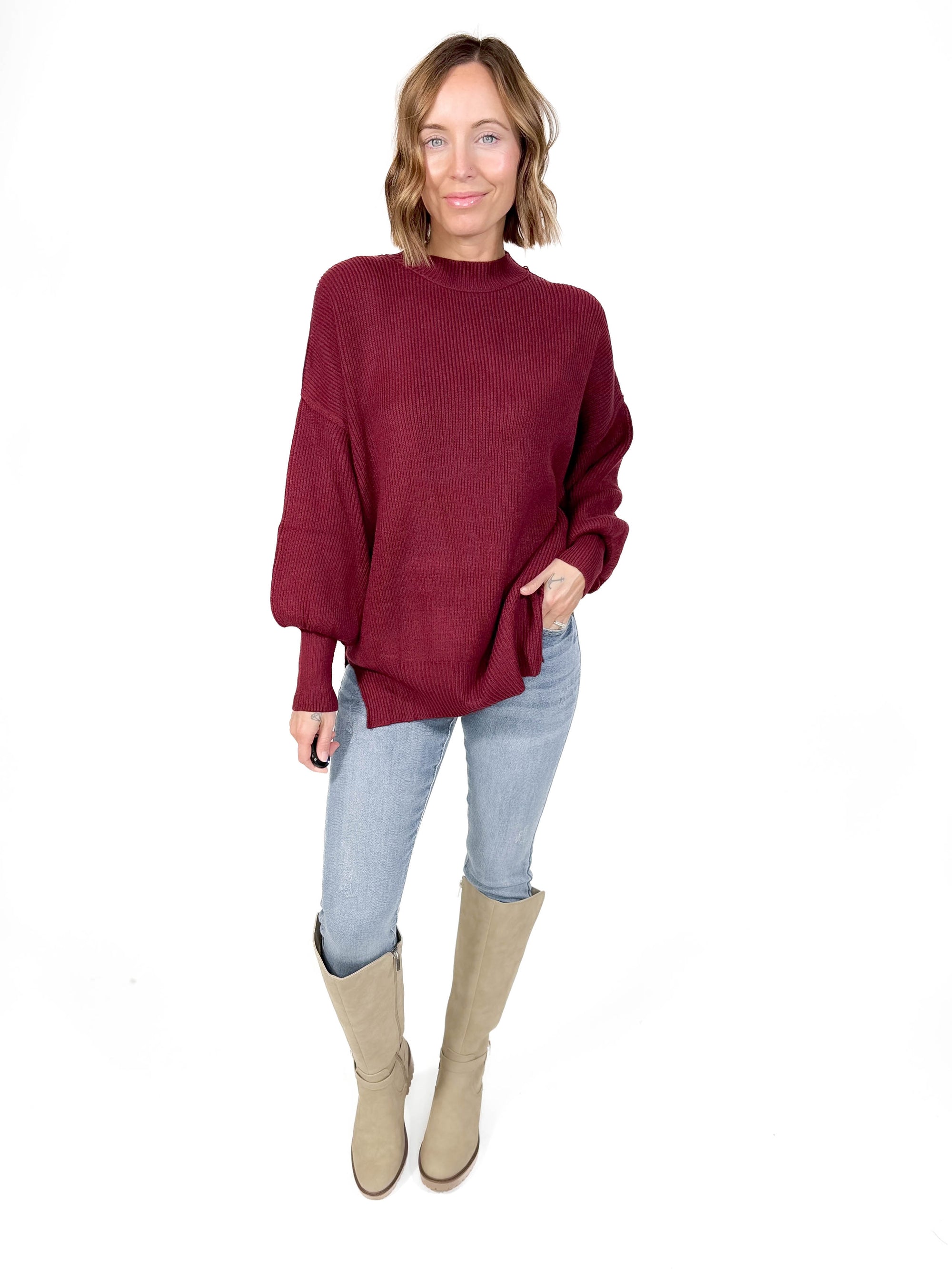 Oakes Mock Neck Sweater- MAROON -FINAL SALE