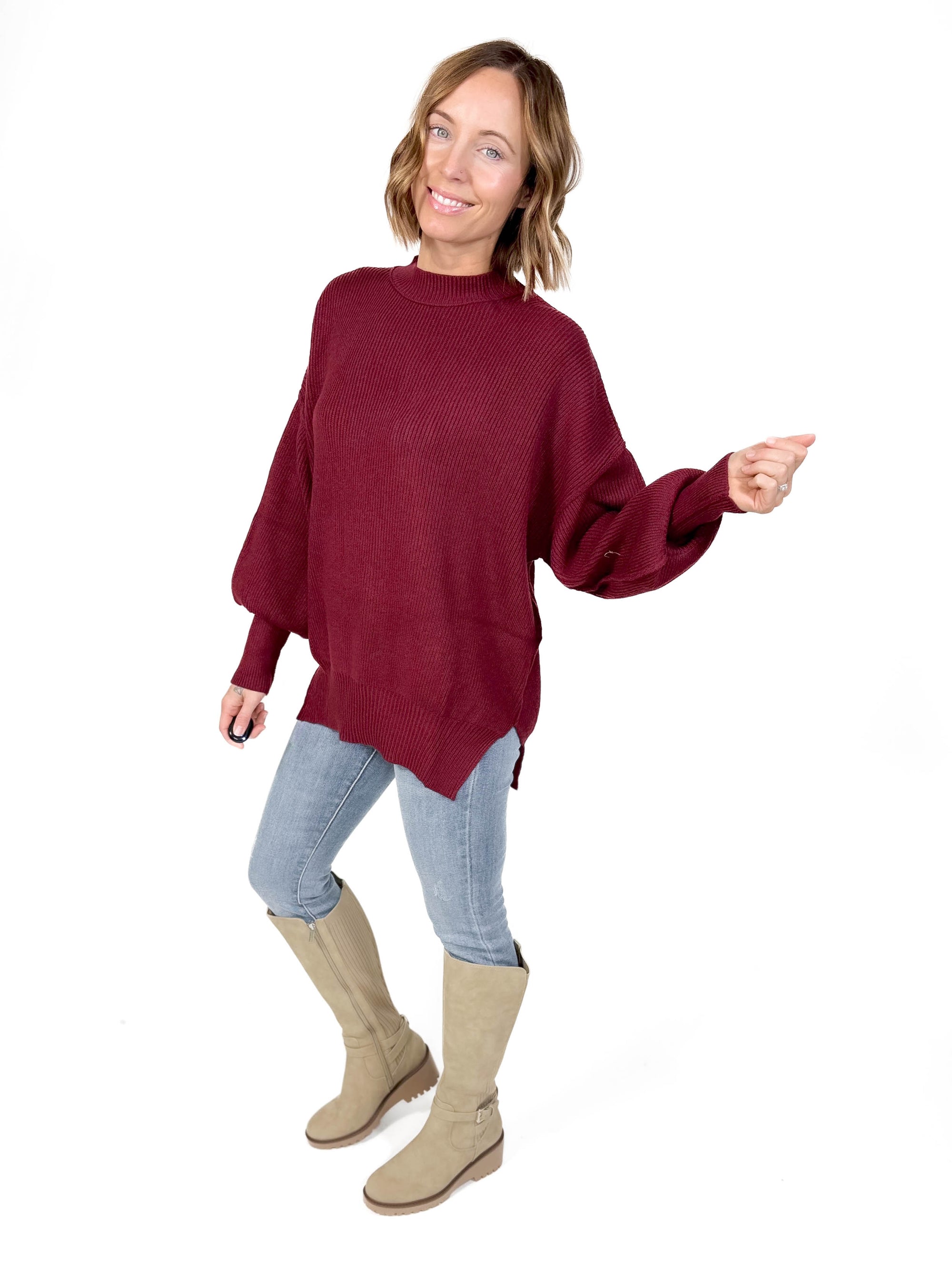 Oakes Mock Neck Sweater- MAROON -FINAL SALE