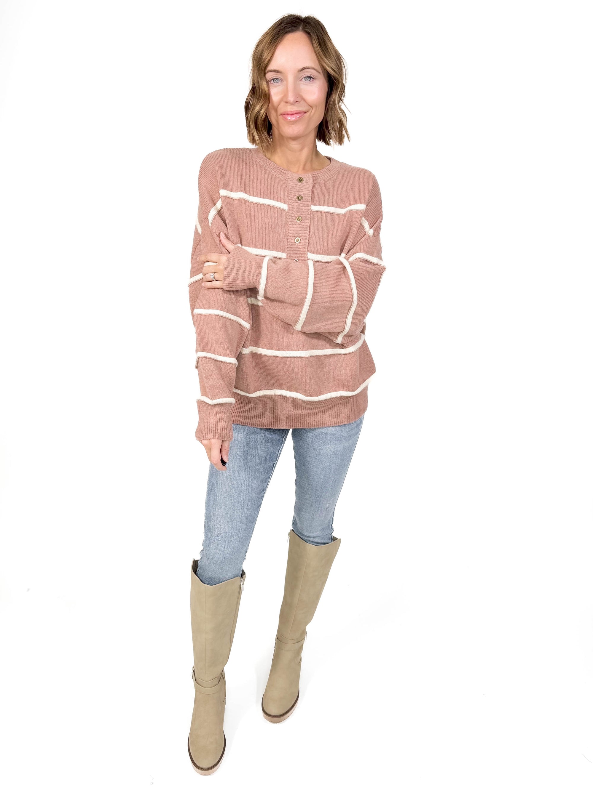 Ruby Henley Sweater- MOCHA/IVORY