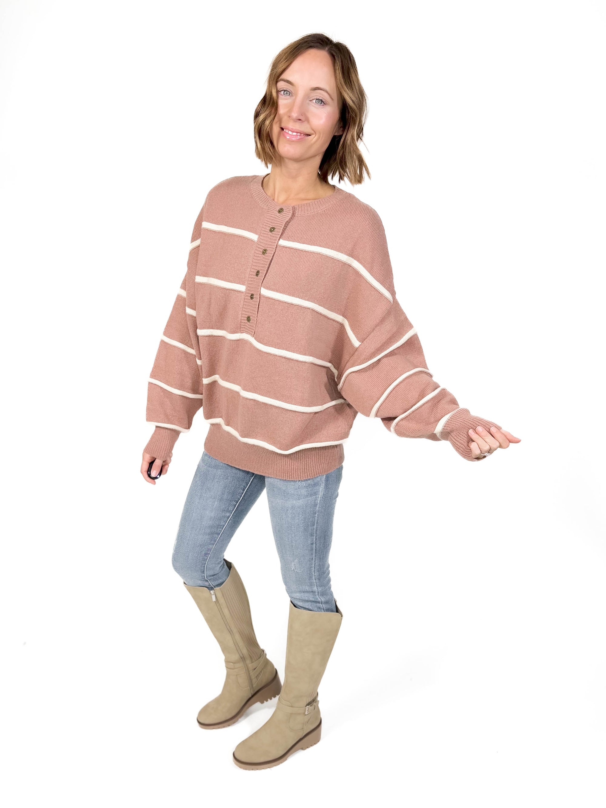 Ruby Henley Sweater- MOCHA/IVORY