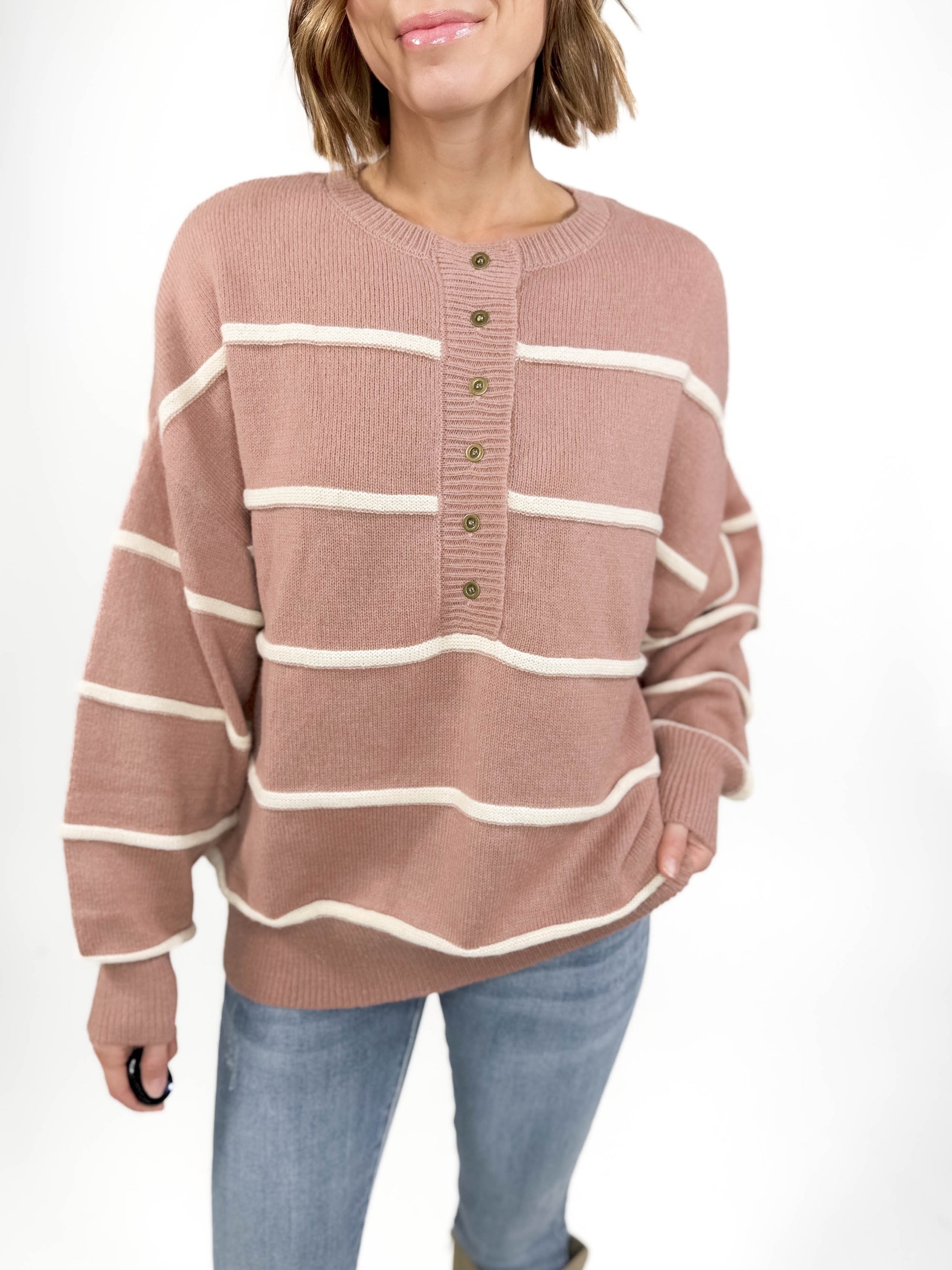 Ruby Henley Sweater- MOCHA/IVORY