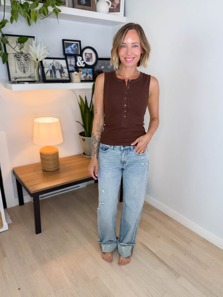 Misty Ribbed Henley Tank Top- CHOCOLATE