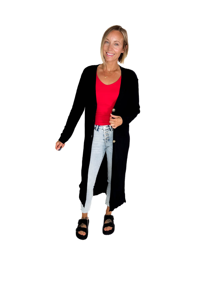 Railey Long Line Button Front Cardigan- BLACK