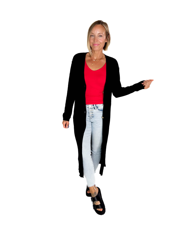 Railey Long Line Button Front Cardigan- BLACK