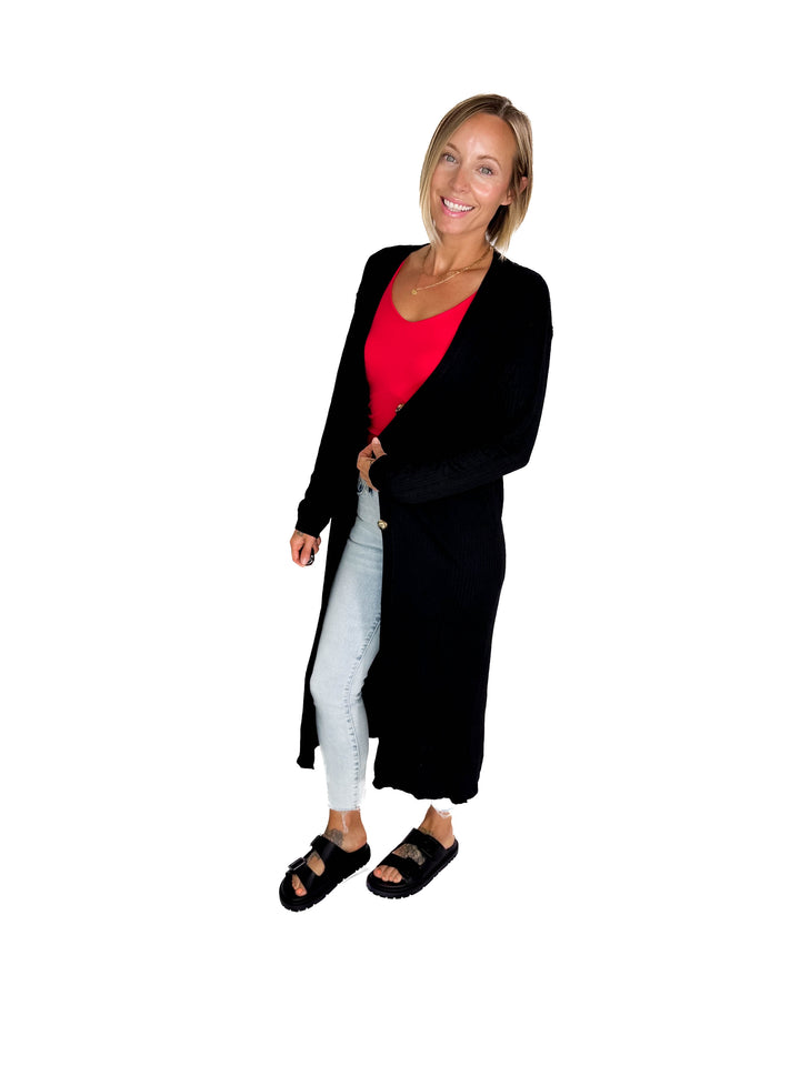 Railey Long Line Button Front Cardigan- BLACK