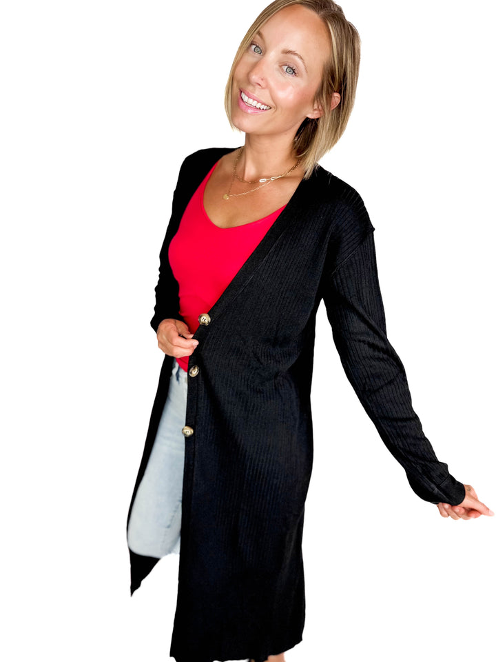 Railey Long Line Button Front Cardigan- BLACK