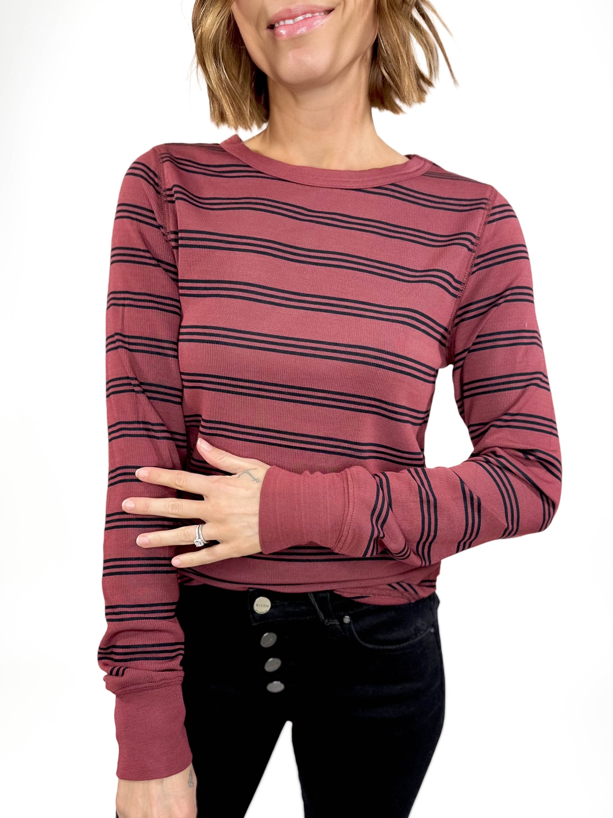 THREAD & SUPPLY Stacy Long Sleeve- WINE STRIPE