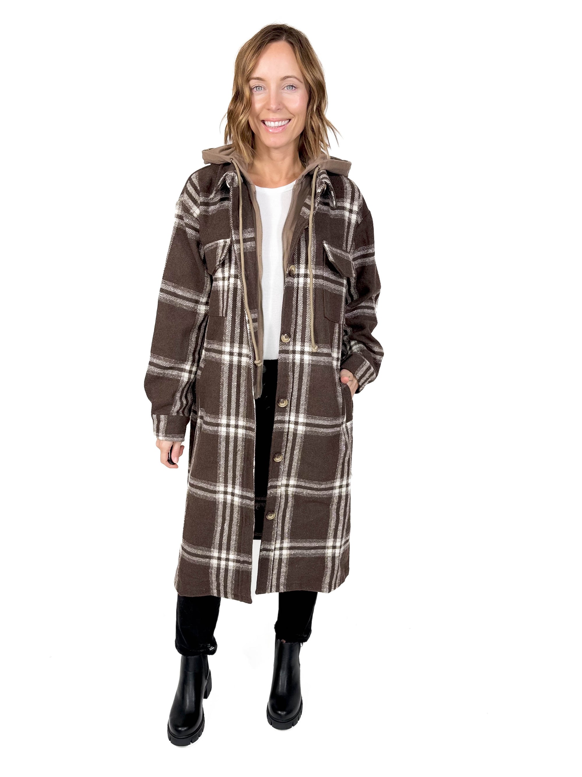 Fireside Twofer Hoodie Shacket- CHOCOLATE PLAID