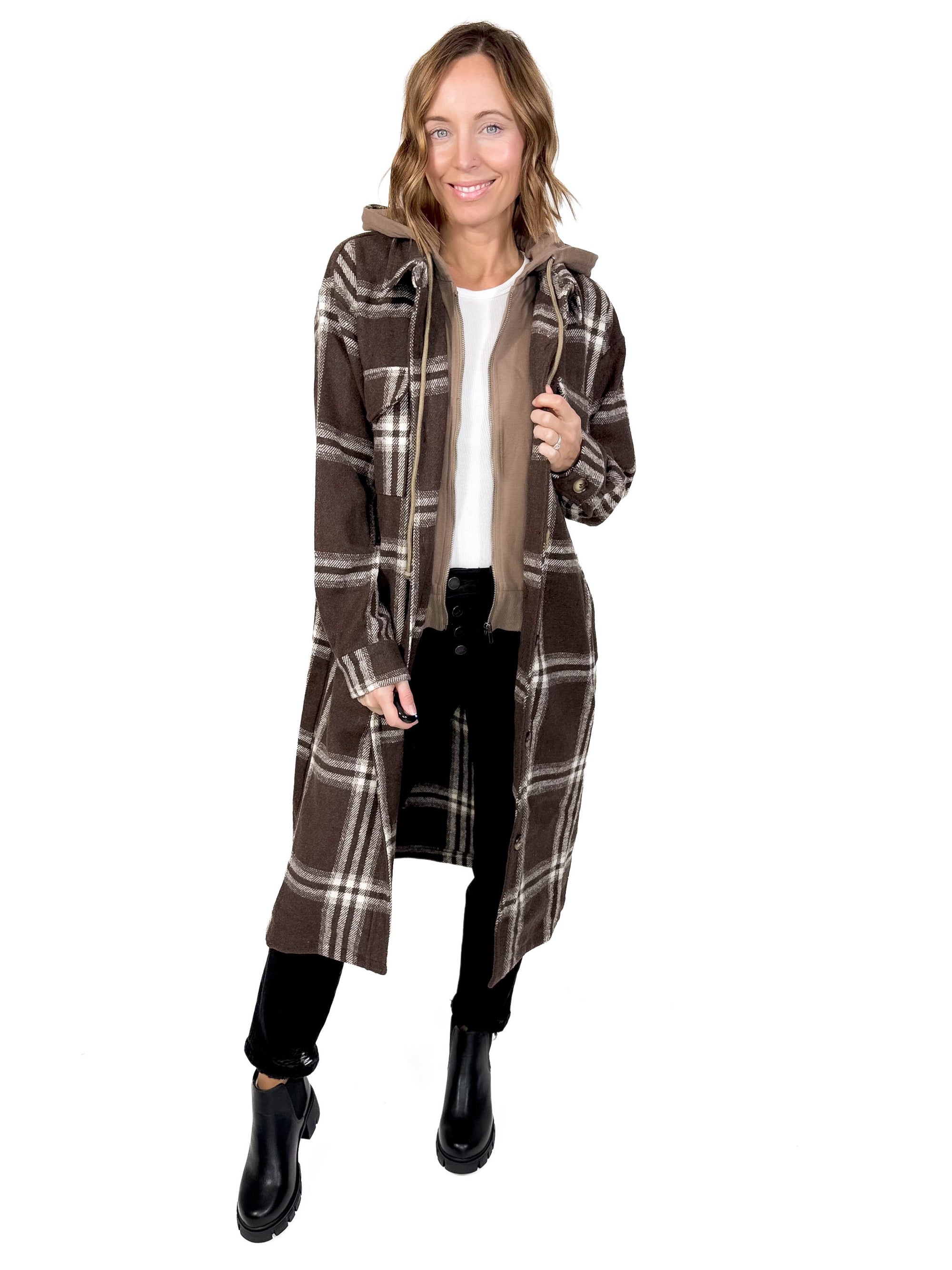 Fireside Twofer Hoodie Shacket- CHOCOLATE PLAID