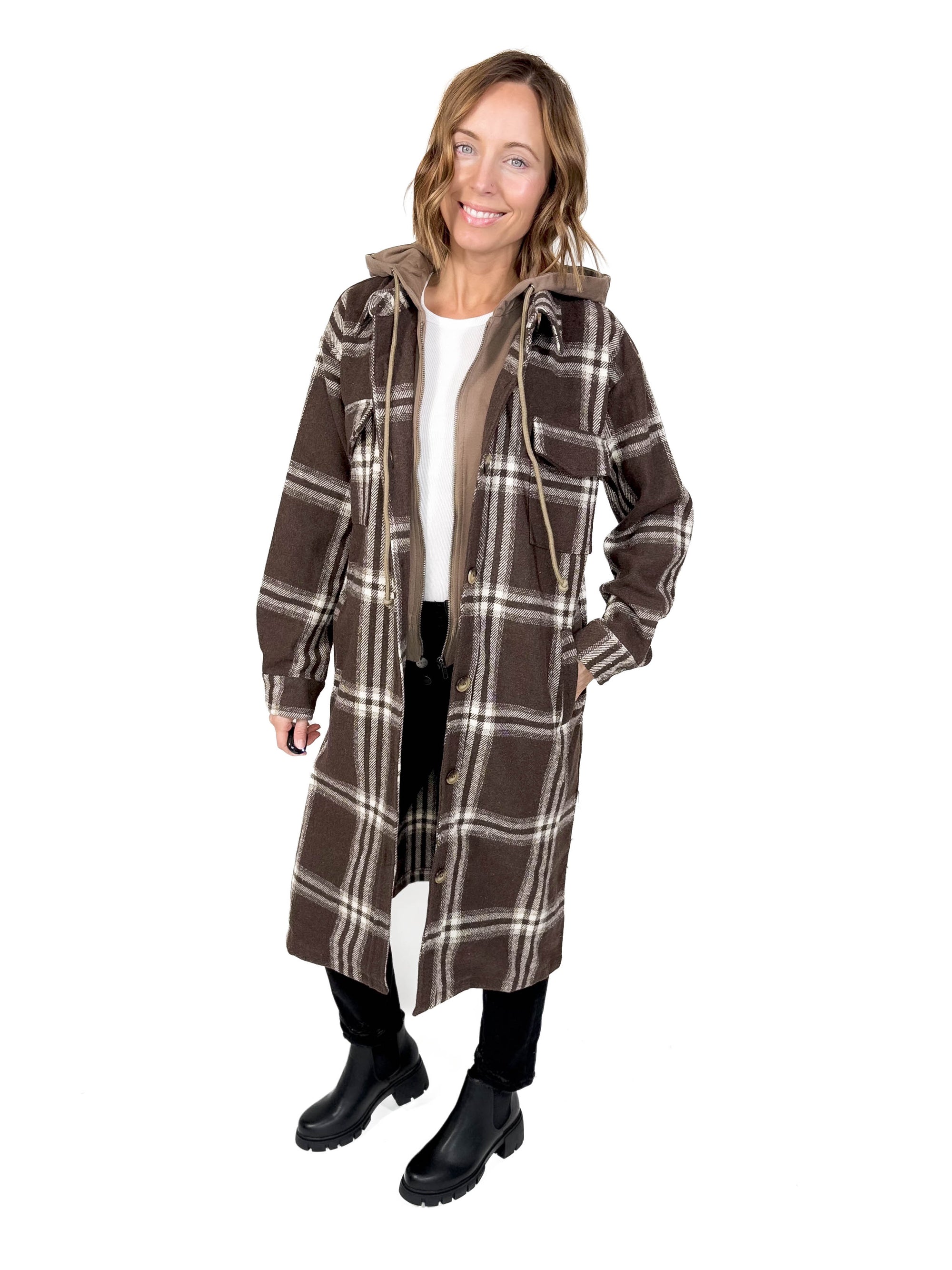 Fireside Twofer Hoodie Shacket- CHOCOLATE PLAID