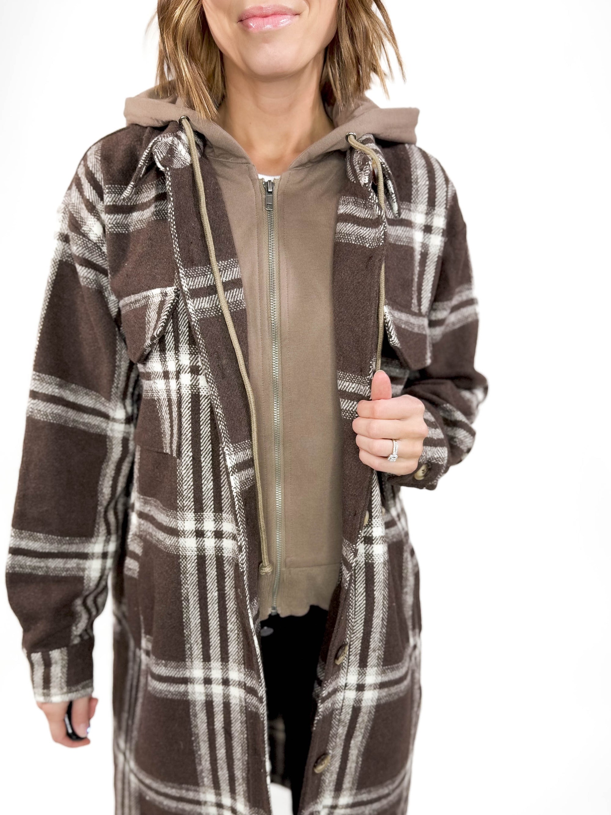 Fireside Twofer Hoodie Shacket- CHOCOLATE PLAID