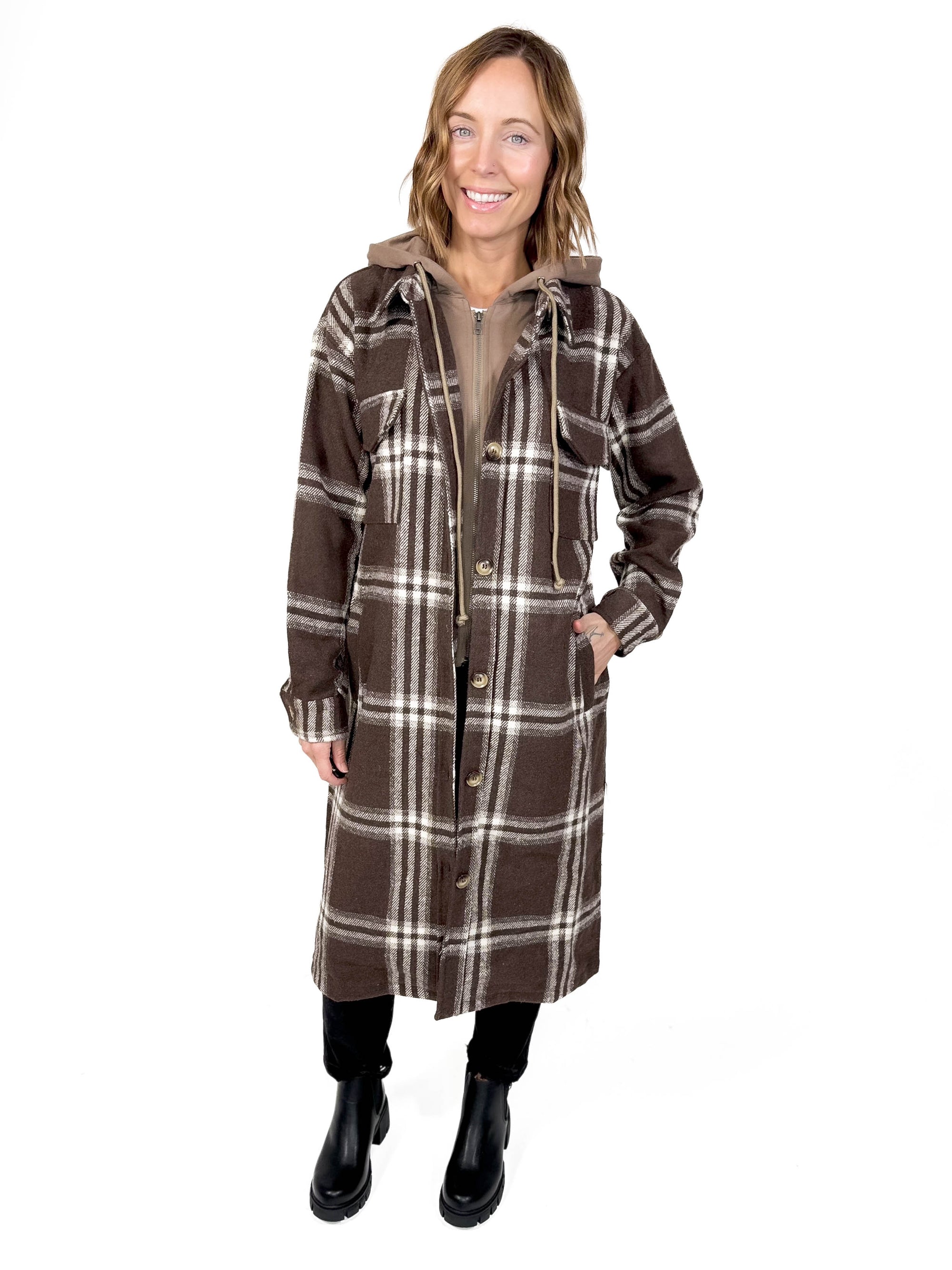 Fireside Twofer Hoodie Shacket- CHOCOLATE PLAID