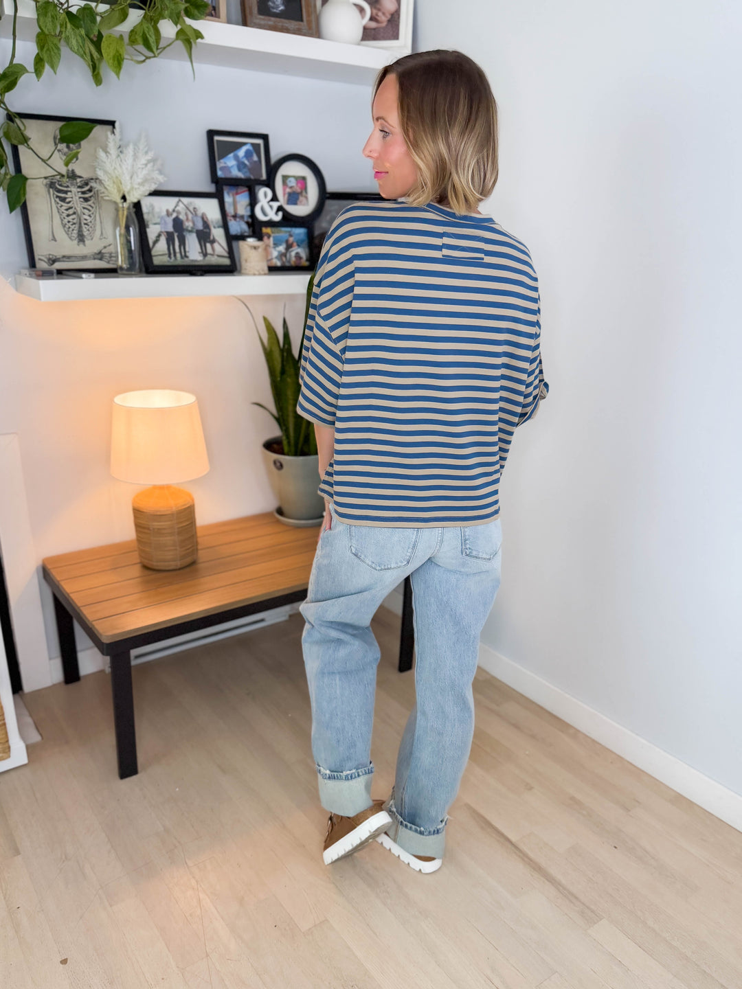 Islaire Oversized Stripe Boyfriend Tee- NAVY/TAN