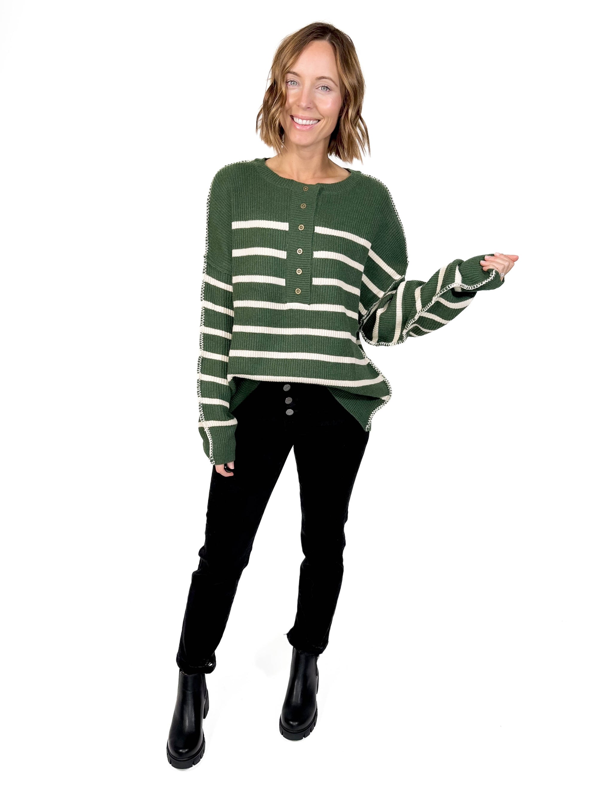 Ruby Henley Sweater- HUNTER GREEN