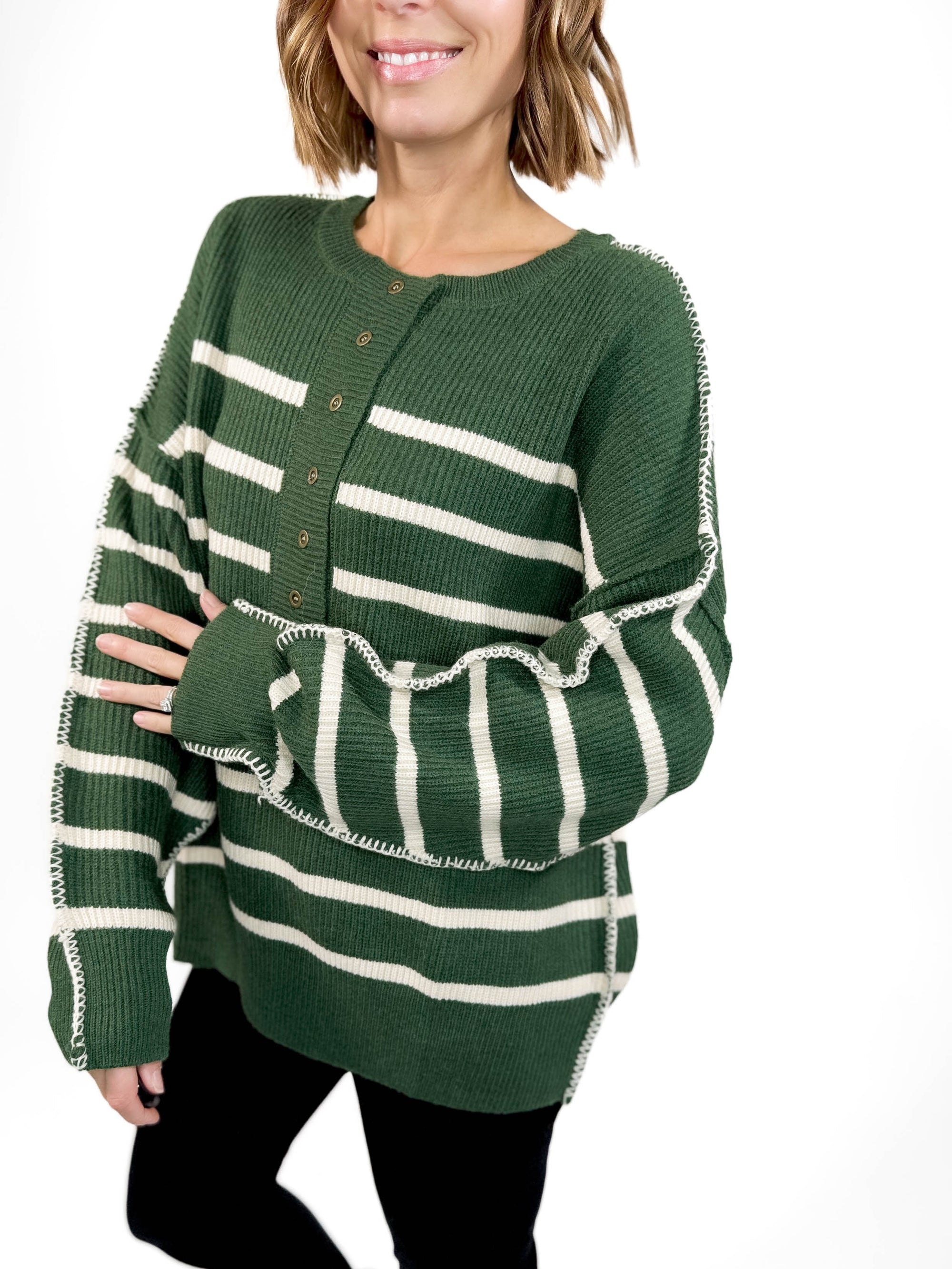 Ruby Henley Sweater- HUNTER GREEN