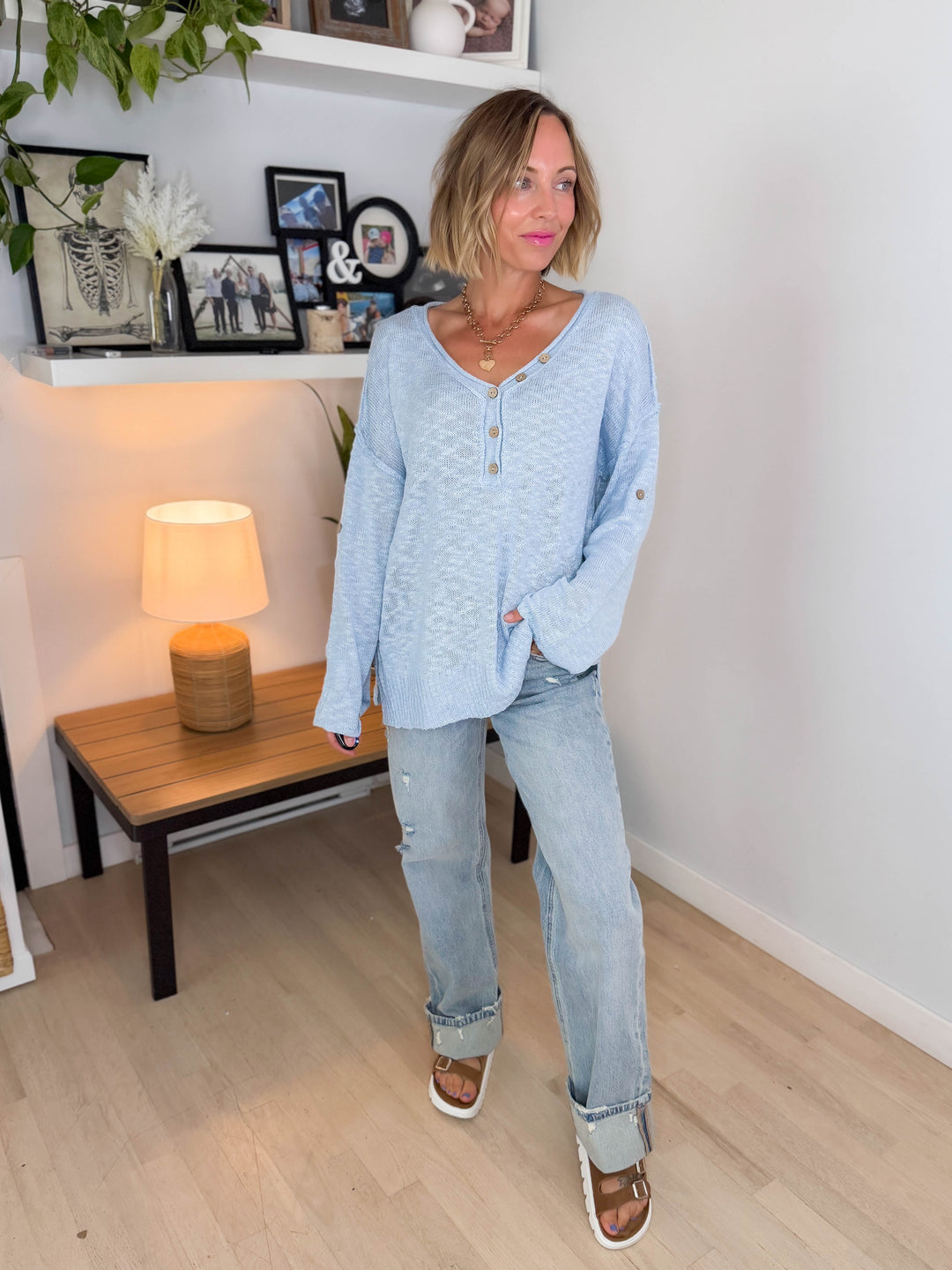 Kaia Henley Button Up Knit Sweater- BLUE
