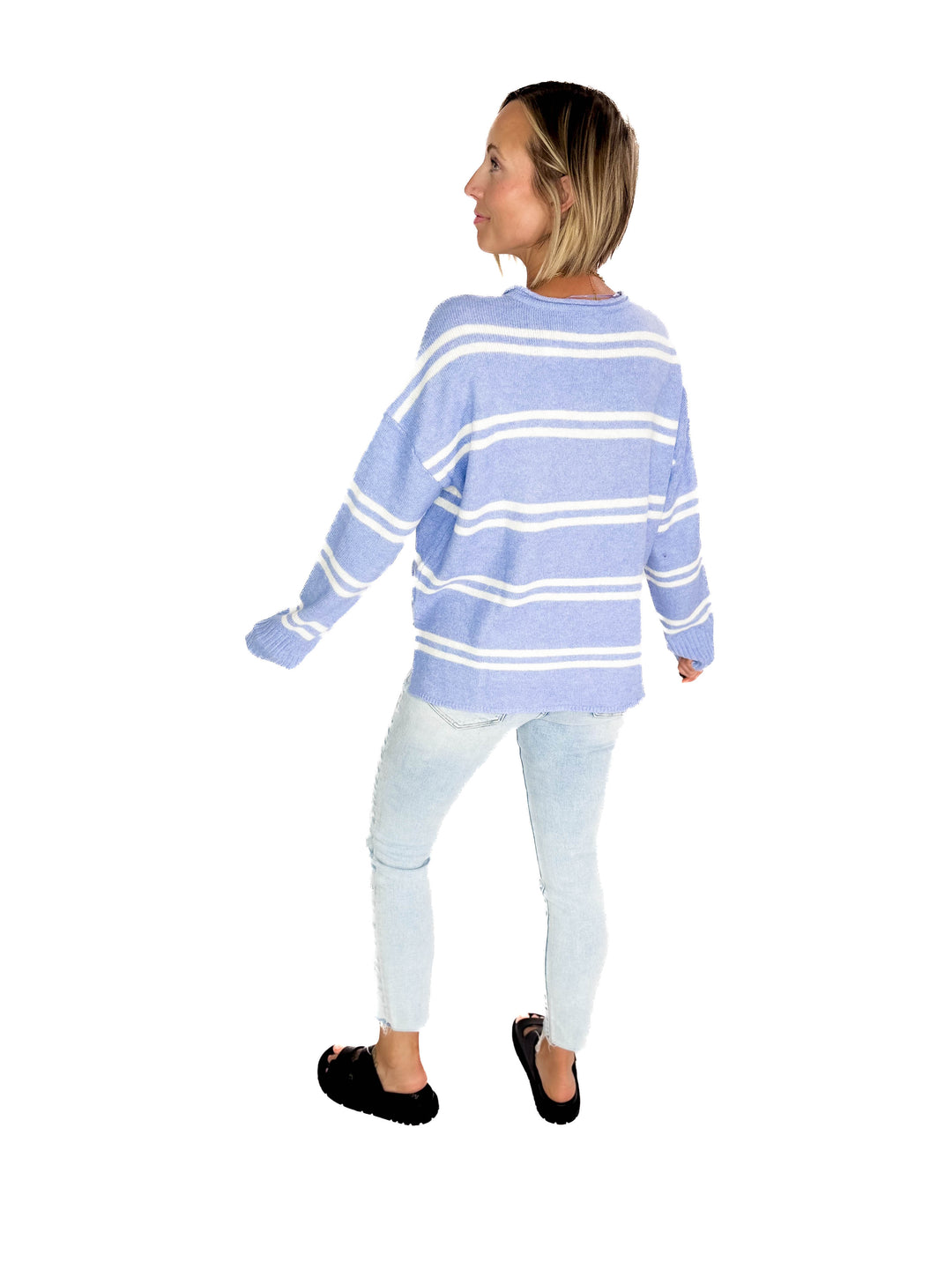 Kailey Notch Neck Striped Knit Sweater- PERI BLUE