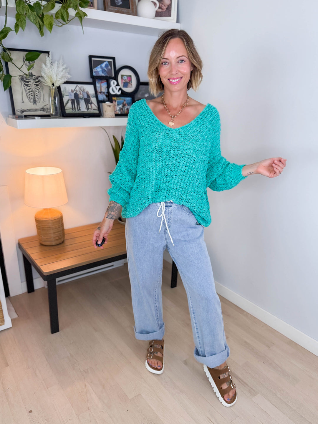 Cormella V-Neck Oversized Cable Knit Sweater- JADE