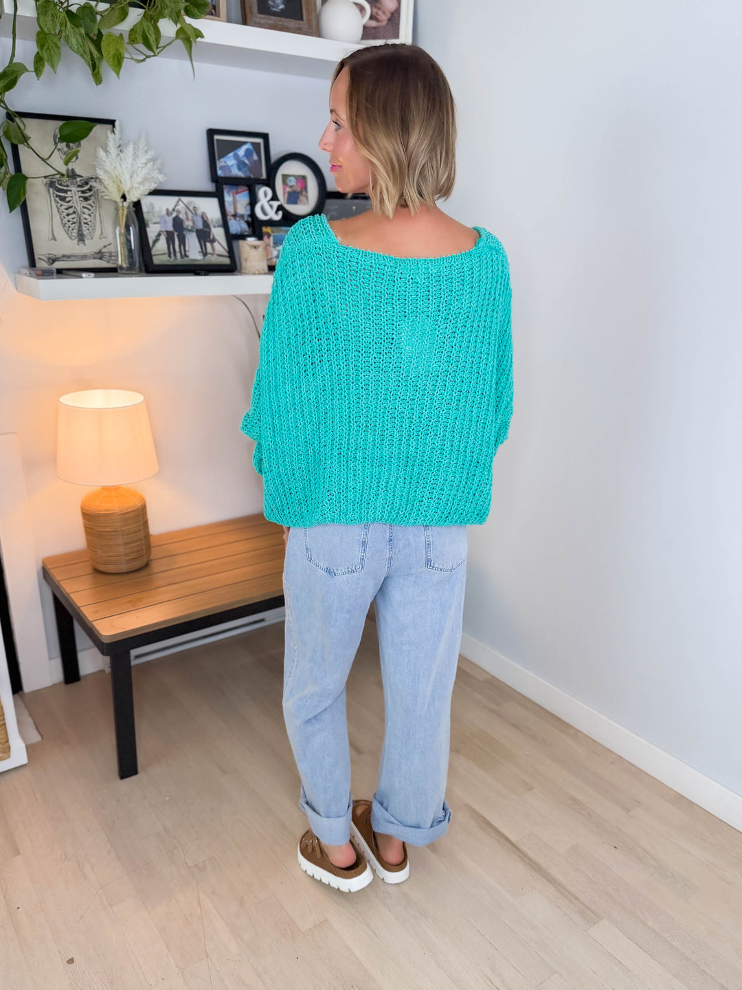 Cormella V-Neck Oversized Cable Knit Sweater- JADE