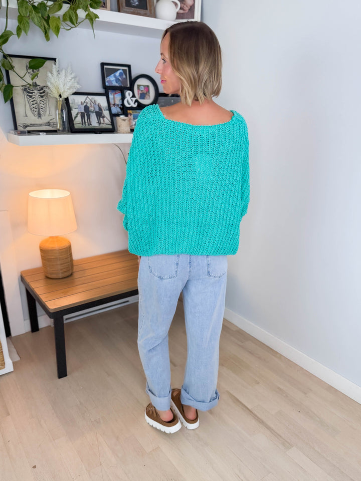 Cormella V-Neck Oversized Cable Knit Sweater- JADE