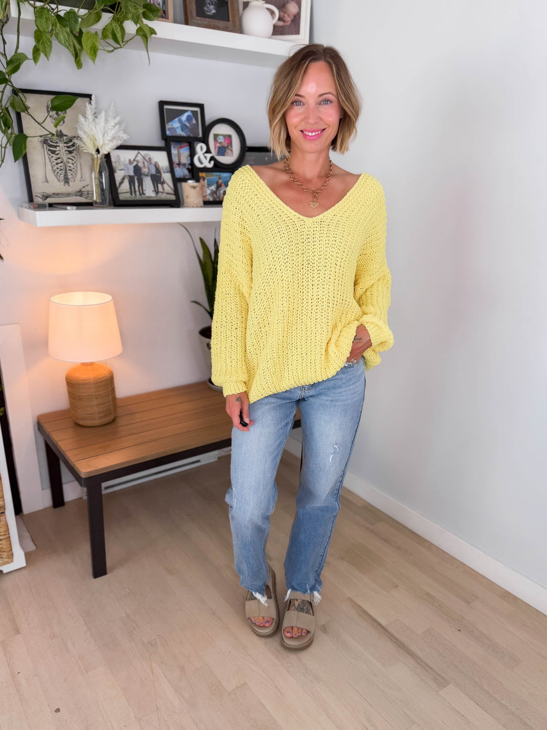 Cormella V-Neck Oversized Cable Knit Sweater- YELLOW