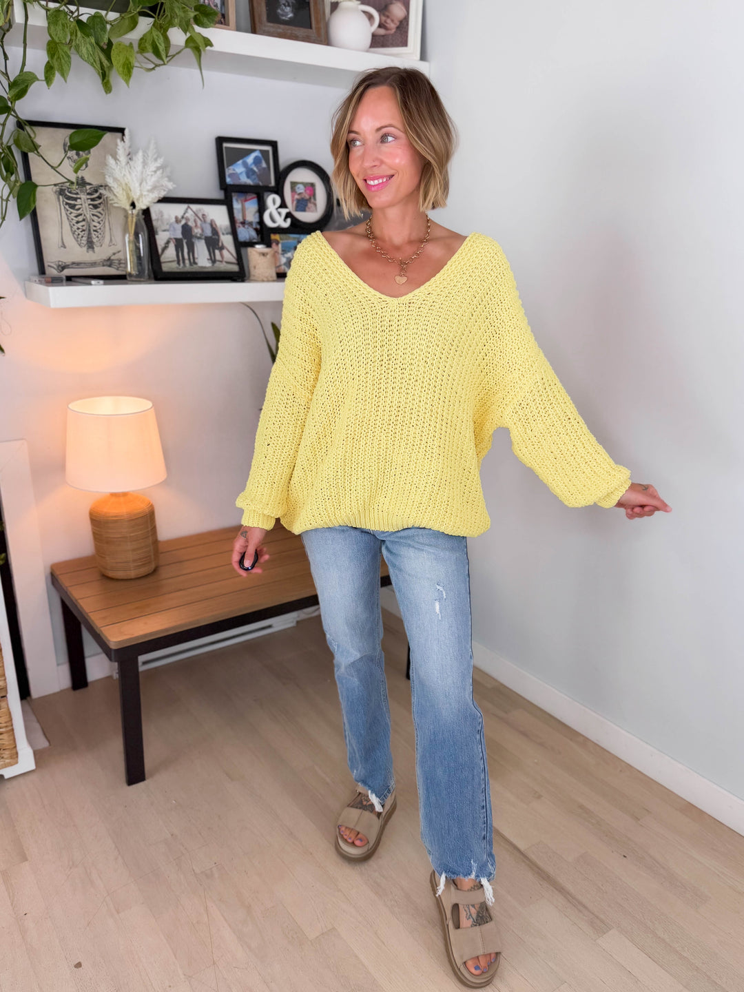 Cormella V-Neck Oversized Cable Knit Sweater- YELLOW