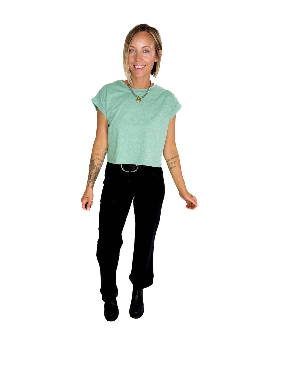 Helen Cotton Folded Sleeve Top- HEATHER MINT GREEN-FINAL SALE