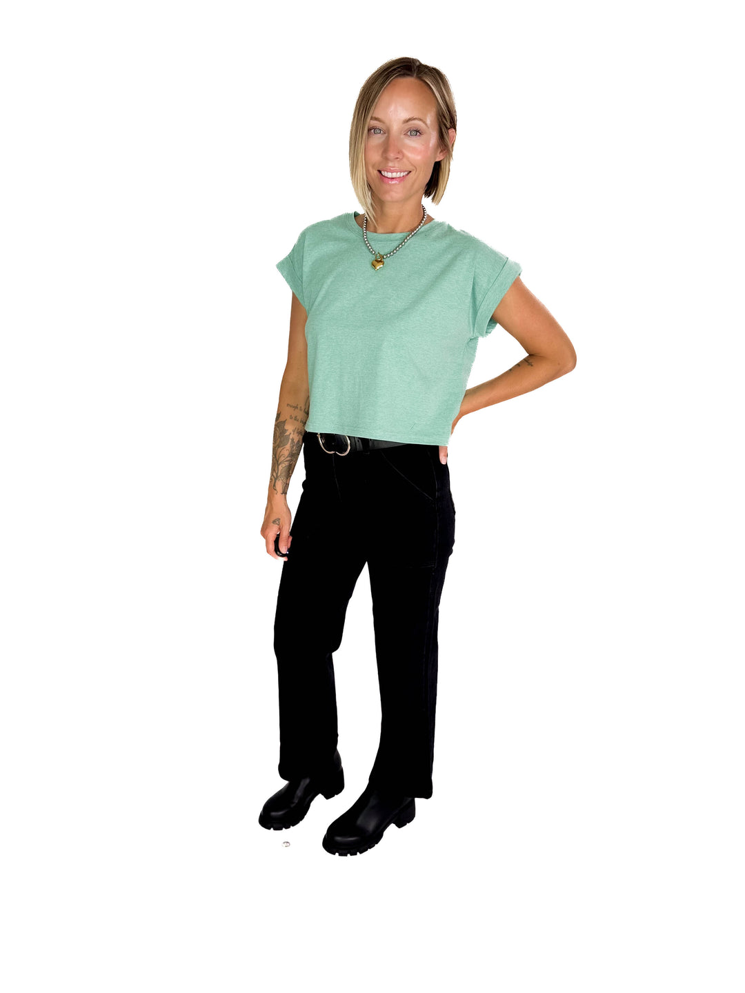 Helen Cotton Folded Sleeve Top- HEATHER MINT GREEN-FINAL SALE