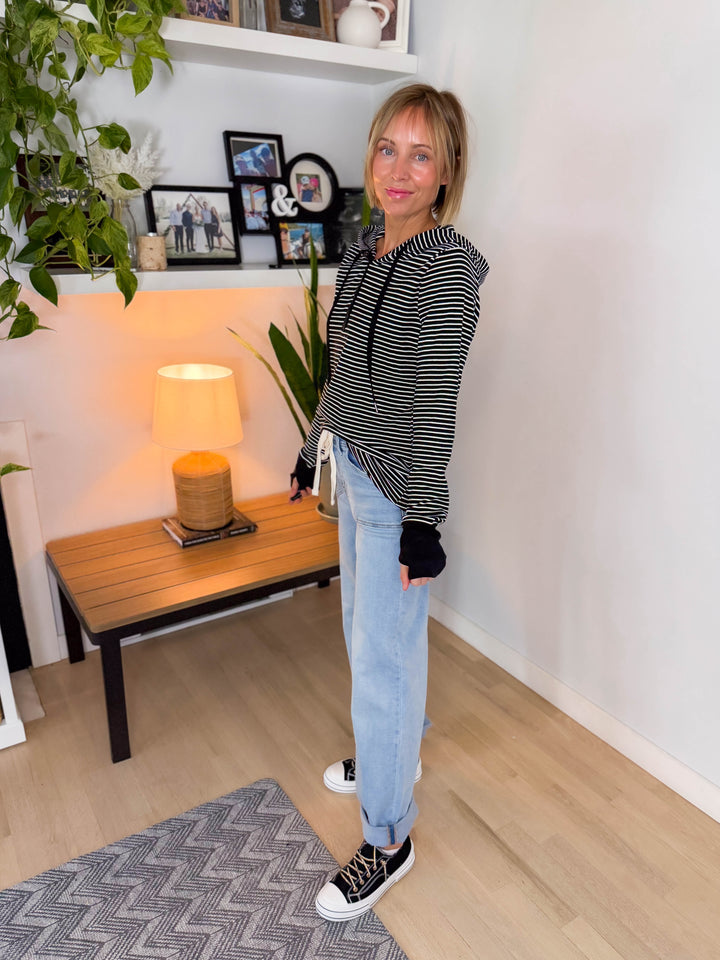 Juniper Henley Ribbed Hooded Top- BLACK