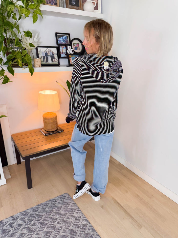 Juniper Henley Ribbed Hooded Top- BLACK