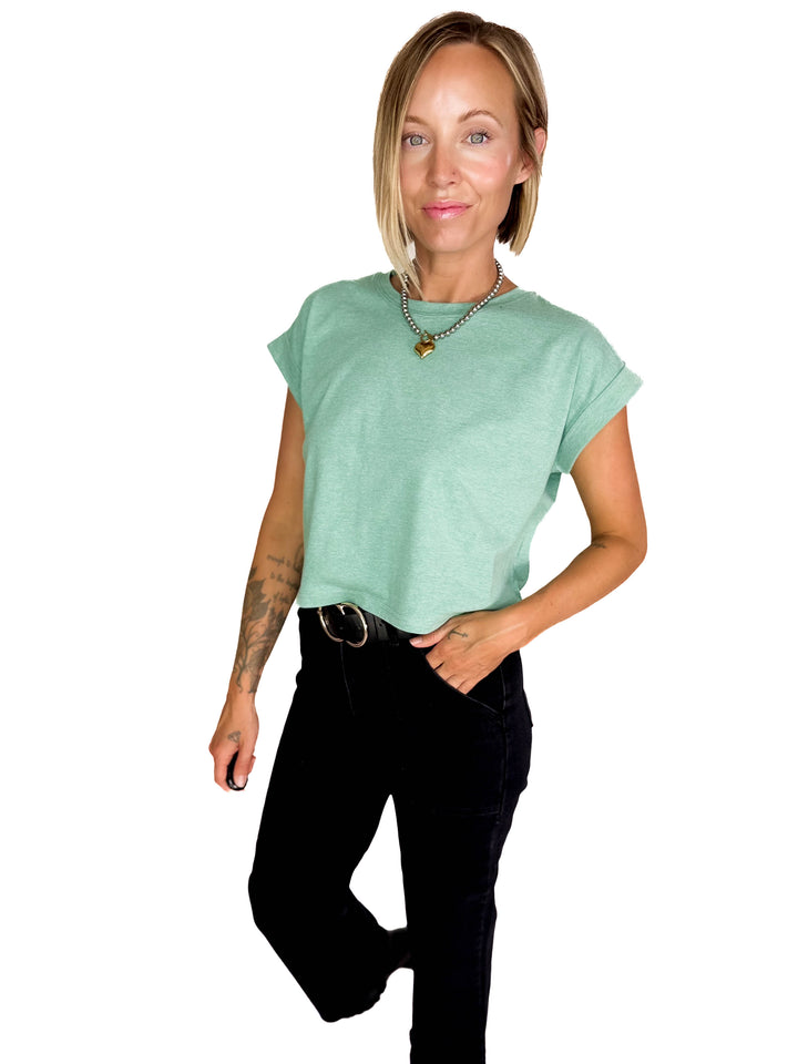 Helen Cotton Folded Sleeve Top- HEATHER MINT GREEN-FINAL SALE