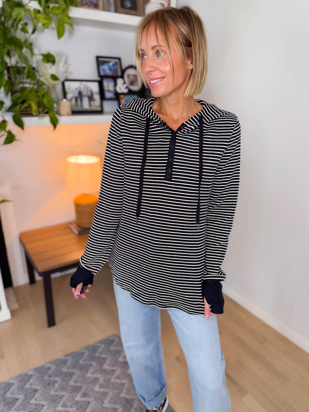 Juniper Henley Ribbed Hooded Top- BLACK