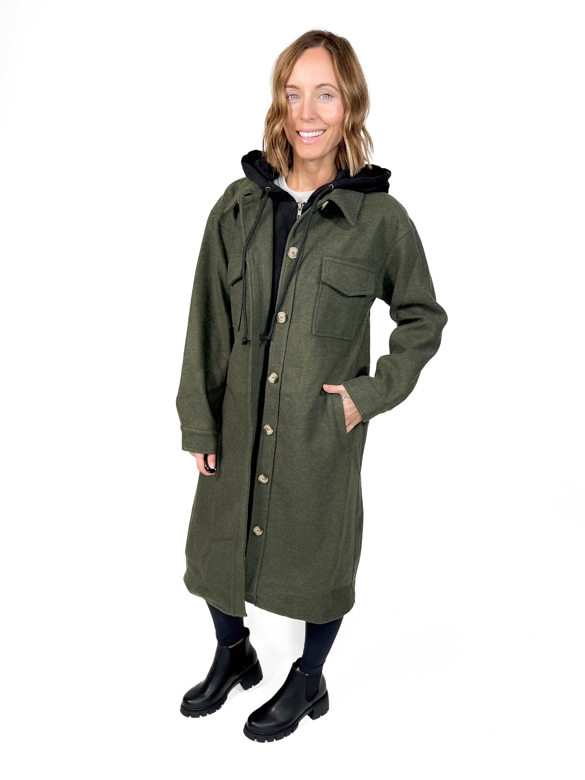 Helena Twofer Hoodie Shacket- GREEN