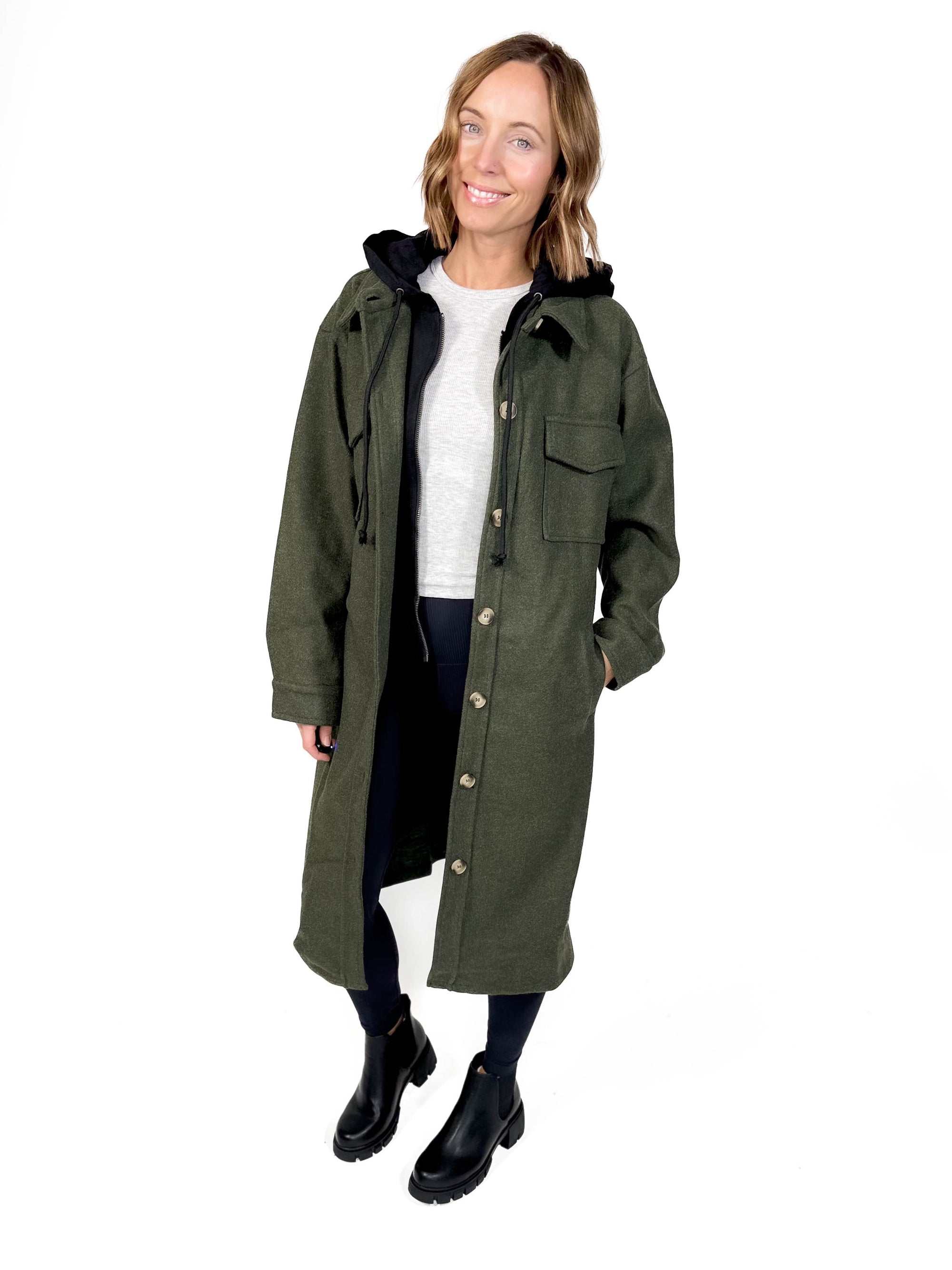 Helena Twofer Hoodie Shacket- GREEN