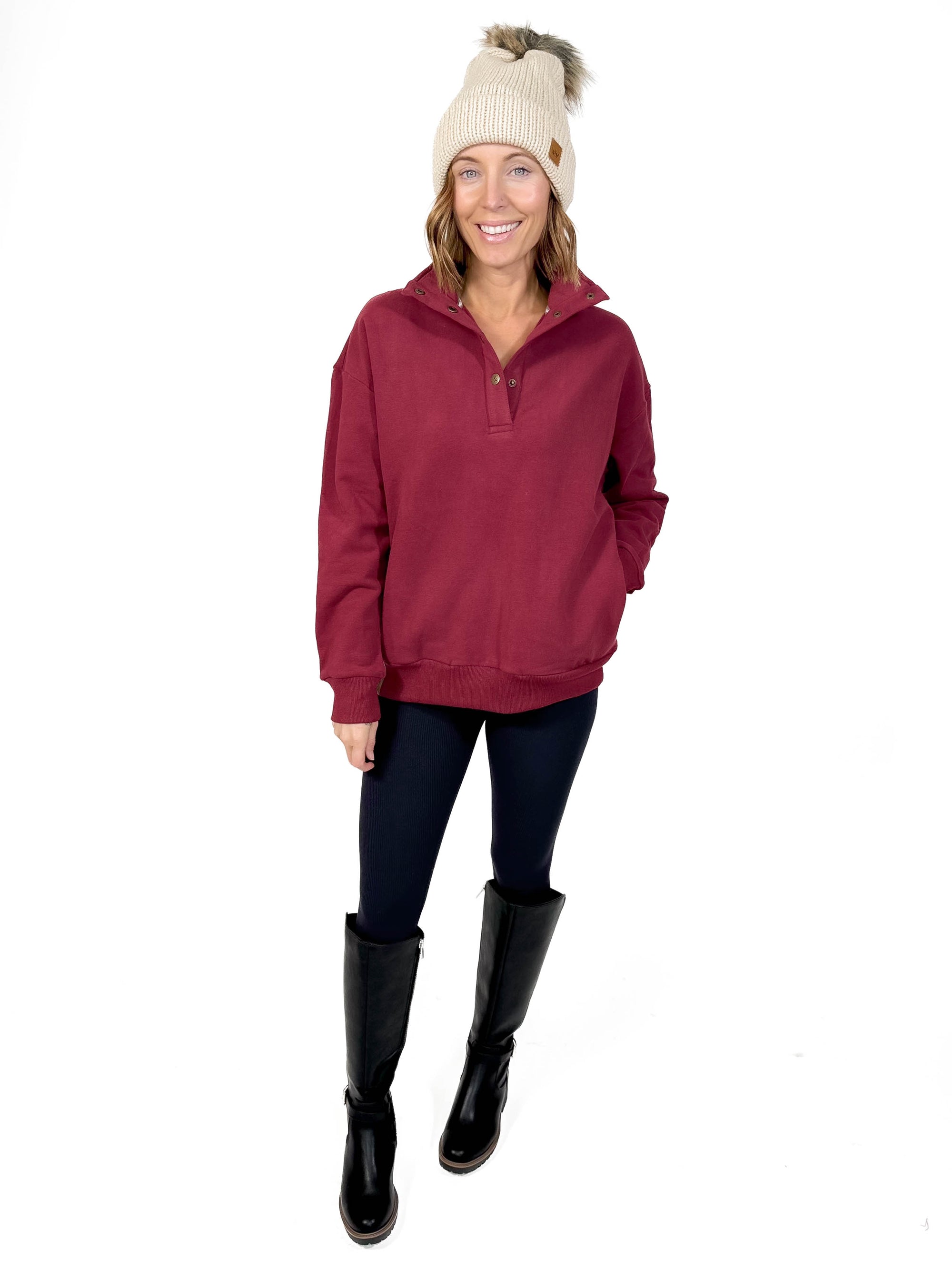 AMPERSAND AVE Never Better Button Pullover- WINE -FINAL SALE