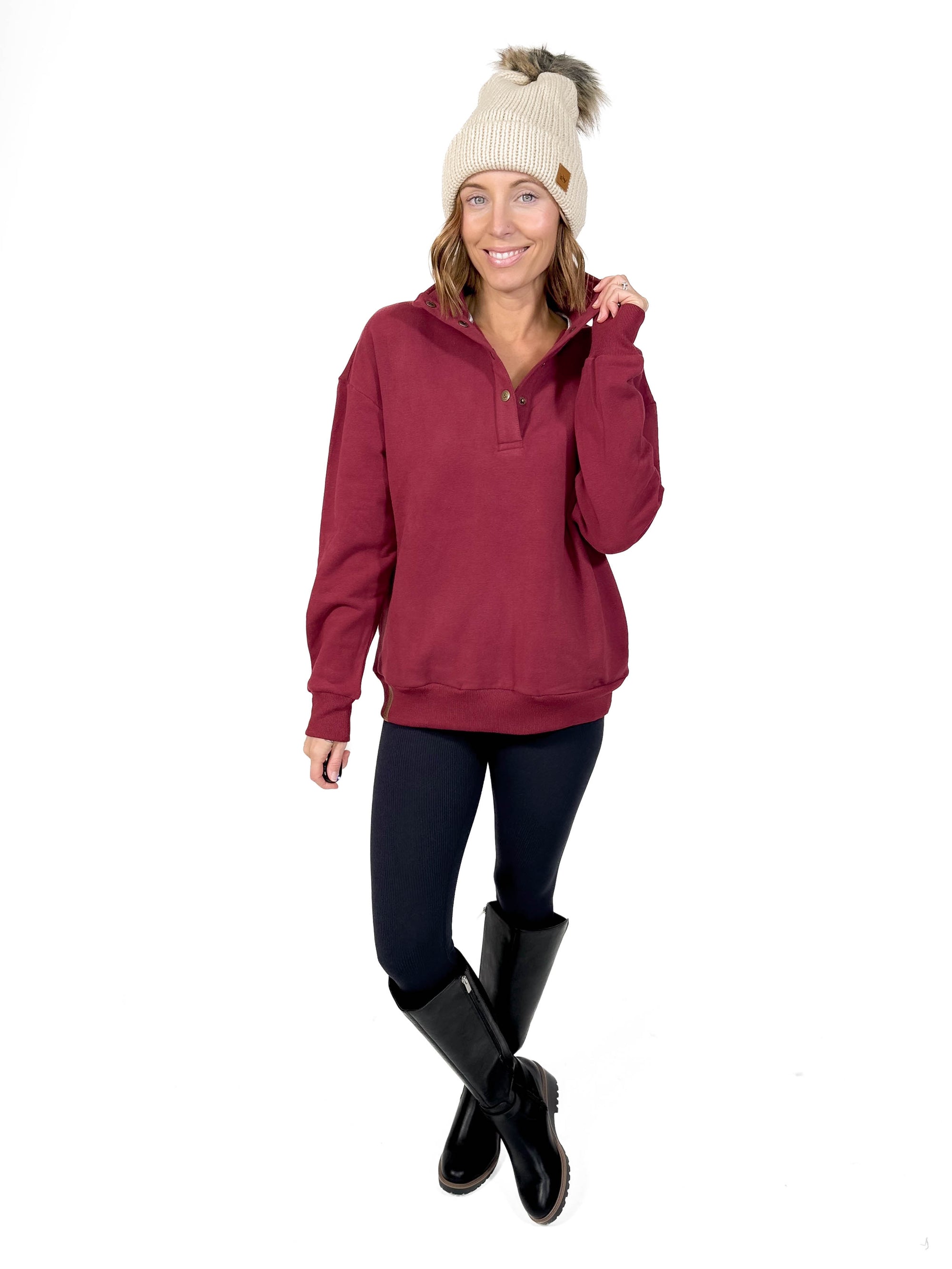 AMPERSAND AVE Never Better Button Pullover- WINE -FINAL SALE