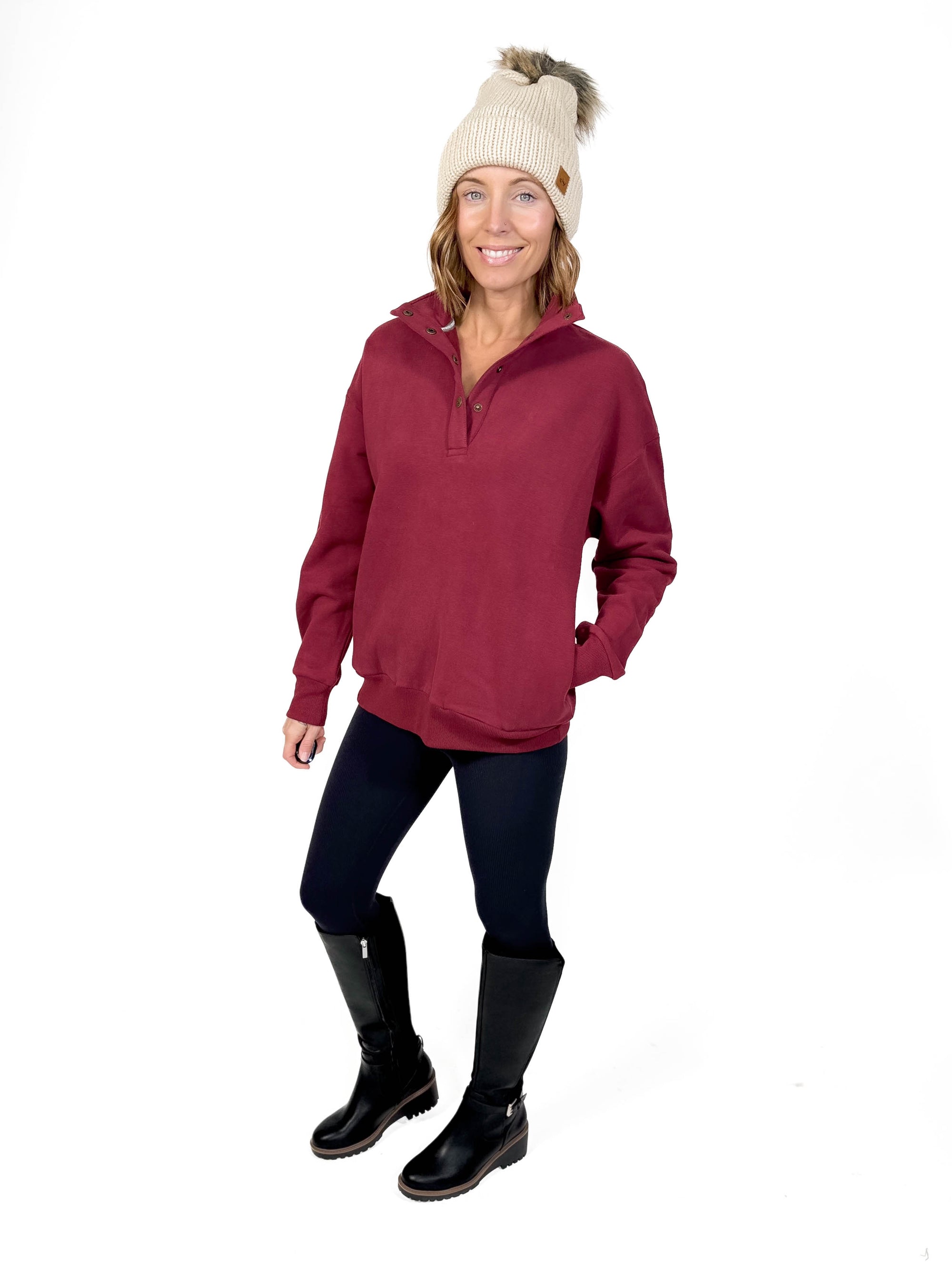 AMPERSAND AVE Never Better Button Pullover- WINE -FINAL SALE