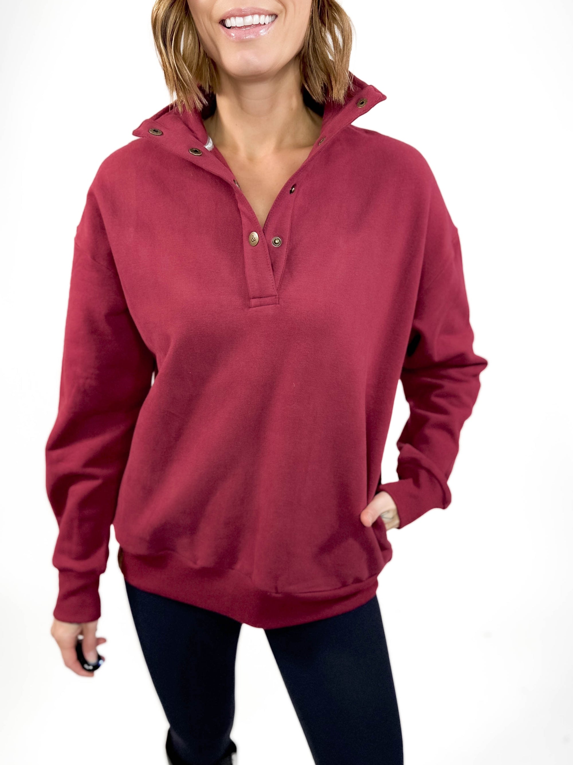 AMPERSAND AVE Never Better Button Pullover- WINE -FINAL SALE