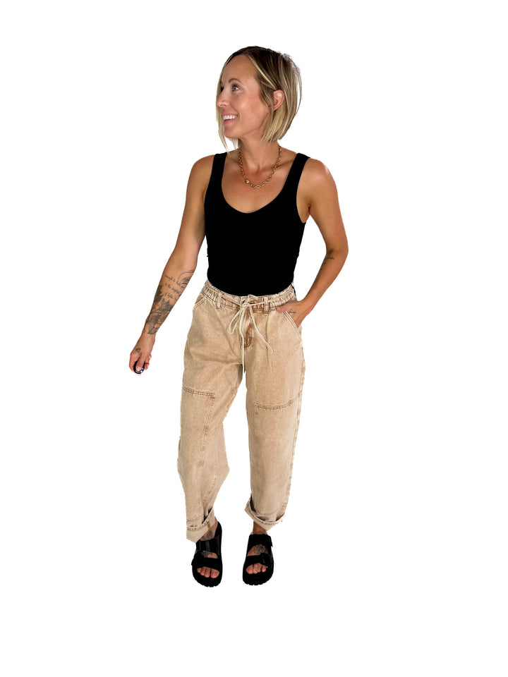 Jazz Colour Washed Barrel Fit Pants- TAN WASH-FINAL SALE*L*