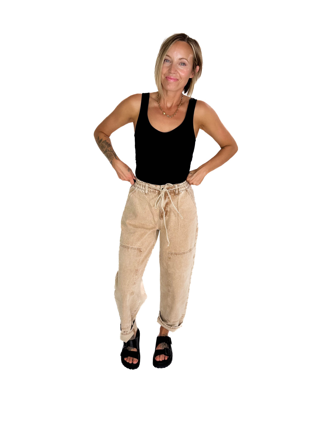 Jazz Colour Washed Barrel Fit Pants- TAN WASH-FINAL SALE*L*