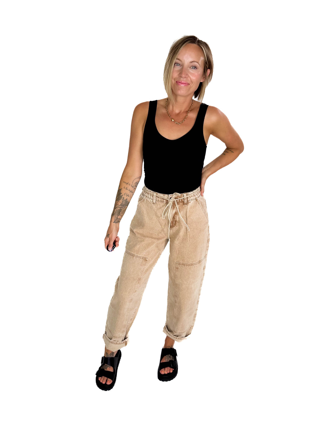 Jazz Colour Washed Barrel Fit Pants- TAN WASH-FINAL SALE*L*