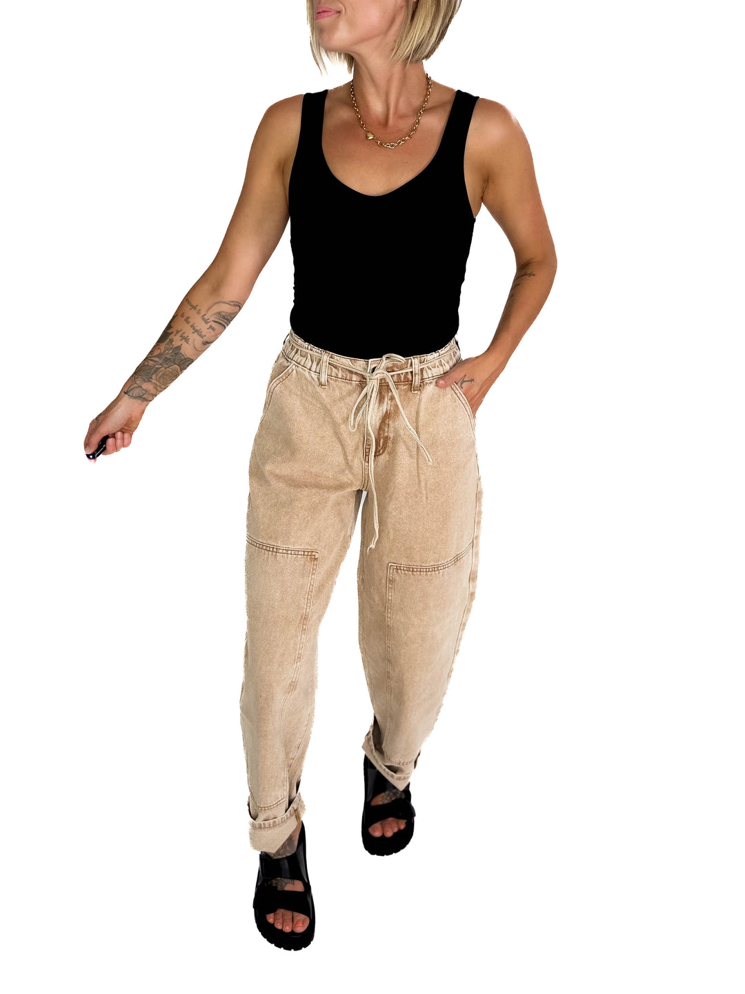 Jazz Colour Washed Barrel Fit Pants- TAN WASH-FINAL SALE*L*