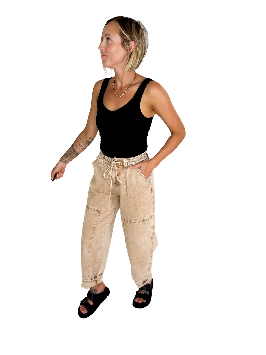 Jazz Colour Washed Barrel Fit Pants- TAN WASH-FINAL SALE*L*