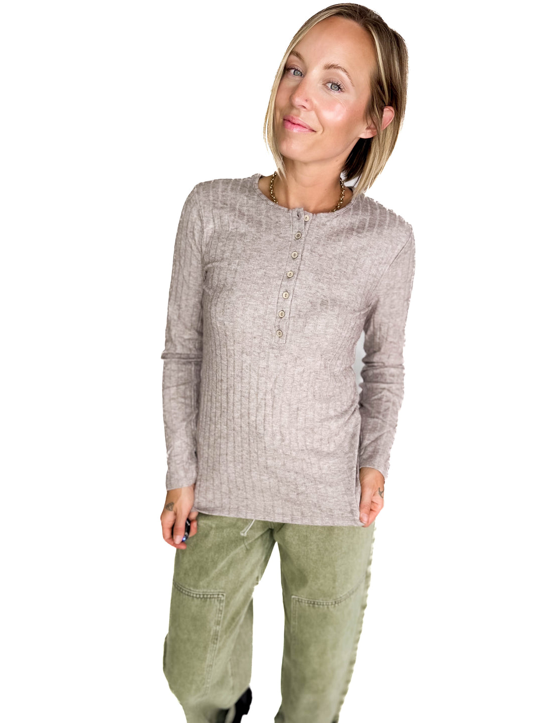 Rhonda Ribbed Long Sleeve Button Down Top- MAHOGANY